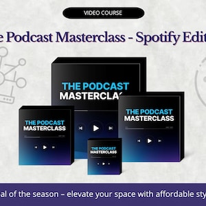 May include: A promotional image for "The Podcast Masterclass - Spotify Edition" video course. The image features several black boxes with the course title in white and blue, along with a play button graphic. The Data Swans logo is in the bottom right.