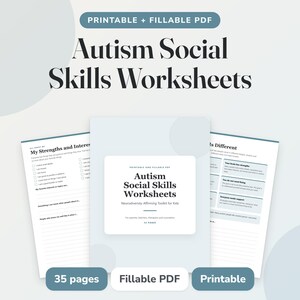 Könnte beinhalten: Ein Set aus druckbaren und ausfüllbaren PDF-Arbeitsblättern mit dem Titel Autism Social Skills Worksheets. Das Dokument umfasst 35 Seiten als neurodiversitätsfreundliches Toolkit für Kinder mit Abschnitten zu Stärken, Interessen und sozialen Unterschieden.