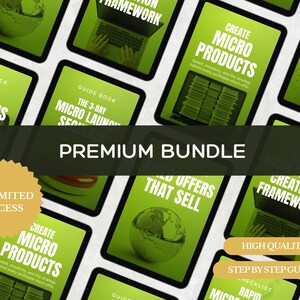 Op de afbeelding: Een verzameling digitale productgidsen op een groene achtergrond. De gidsen behandelen onderwerpen als het maken van microproducten, SEO en digitale creatie. De woorden "Premium Bundle" en "Unlimited Access" zijn ook zichtbaar.
