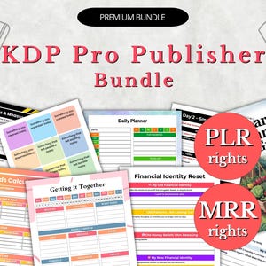 Puede incluir: Una colección digital de páginas de planificador imprimibles titulada KDP Pro Publisher Bundle, que incluye varias plantillas como un planificador diario, reinicio de identidad financiera, calculadora de costos y una guía de jardinería con derechos PLR y MRR.