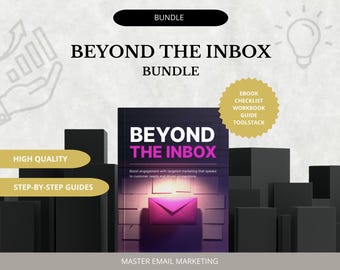 Könnte beinhalten: Das Bild zeigt ein Bundle namens "BEYOND THE INBOX". Das Bundle beinhaltet ein E-Book, eine Checkliste, ein Arbeitsbuch, einen Leitfaden und einen Toolstack. Das Buchcover zeigt den Titel in Weiß und Pink, mit einem Bild eines Umschlags. Zusätzlicher Text lautet "HOHE QUALITÄT" und "SCHRITT-FÜR-SCHRITT-ANLEITUNGEN".