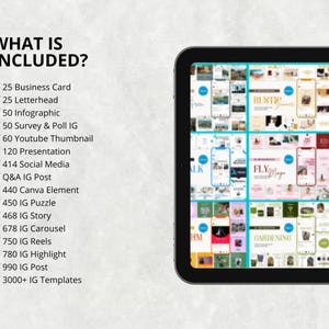 May include: A digital tablet displays a variety of social media templates. Text on the left lists included items: business cards, letterheads, infographics, survey & poll posts, YouTube thumbnails, presentations, social media elements, and more.