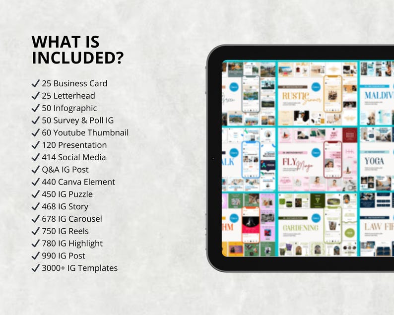 May include: A digital tablet displays a variety of social media templates. Text on the left lists included items: business cards, letterheads, infographics, survey & poll posts, YouTube thumbnails, presentations, social media elements, and more.