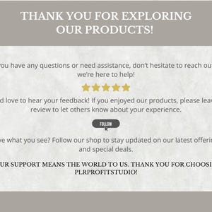 May include: Thank you for exploring our products! If you have any questions or need assistance, don't hesitate to reach out - we're here to help! We'd love to hear your feedback! If you enjoyed our products, please leave a review to let others know about your experience. Love what you see? Follow our shop to stay updated on our latest offerings and special deals. YOUR SUPPORT MEANS THE WORLD TO US. THANK YOU FOR CHOOSING PLRPROFITSTUDIO!