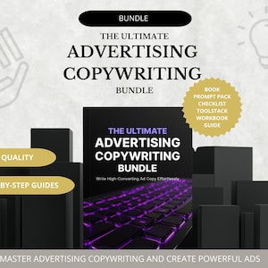 Pode incluir: Imagem de um pacote de copywriting com um livro preto intitulado "The Ultimate Advertising Copywriting Bundle". A capa do livro apresenta um teclado com retroiluminação roxa. Também está presente um autocolante dourado com texto e formas geométricas pretas.