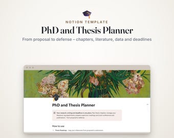 PhD Planner Notion Template, Thesis and Dissertation Tracker, Literature Review and Research Log, Academic Writing Dashboard