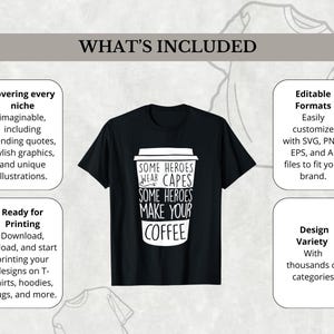 May include: A black t-shirt with a white graphic of a coffee cup that says "Some heroes wear capes, some heroes make your coffee". The image is surrounded by text describing the product's features, including editable formats, design variety, and ready-to-print downloads.