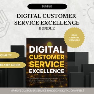 以下が含まれることがあります： デジタルカスタマーサービスバンドルのプロモーション画像。画像には、「Digital Customer Service Excellence」というタイトルの本が大きく白い文字と黄色の文字で表示されています。また、「高品質」と「ステップバイステップガイド」というテキストも含まれています。