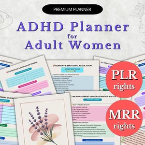 Może przedstawiać: Planer ADHD dla dorosłych, zawierający strony do śledzenia rutyn, nawyków, regulacji sensorycznej i zarządzania czasem. Projekt zawiera ilustrację lawendy oraz tekst "PLR rights" i "MRR rights".