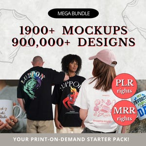 Könnte beinhalten: Ein Grafikdesign-Paket mit über 1900 Mockups und 900.000 Designs. Das Paket beinhaltet PLR- und MRR-Rechte. Das Bild zeigt eine Vielzahl von Mockups, darunter T-Shirts, Tassen und Einkaufstaschen.