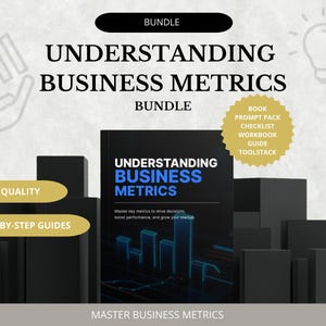 以下が含まれることがあります： ビジネス指標バンドルのプロモーション画像。画像には、「Understanding Business Metrics」というタイトルの本があり、黒い表紙に青と白のテキストが書かれています。テキストと黒い幾何学的な形が入った金のスターバーストも含まれています。