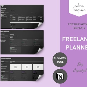 以下が含まれることがあります： フリーランスプランナー向けのNotionテンプレートのダークグレーの画面モックアップ。テンプレートには、タイムログ、クライアント連絡先、アクティブなプロジェクトのセクションが含まれています。テキスト「FREELANCE PLANNER」は、紫色の背景に白で表示されます。