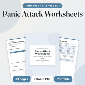 Peut inclure: Un ensemble de fiches de travail imprimables et remplissables au format PDF sur les crises de panique, comprenant une page de couverture et deux pages intérieures avec du texte. L'ensemble contient 33 pages au total avec des sections dédiées.