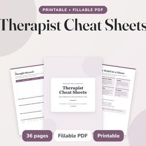 Op de afbeelding: Een set printbare en invulbare PDF-therapeutenspiekbriefjes met een centraal document getiteld Therapist Cheat Sheets, Quick Reference Cards and Session Tools, geflankeerd door twee pagina's met een Thought Record en een Model at a Glance.