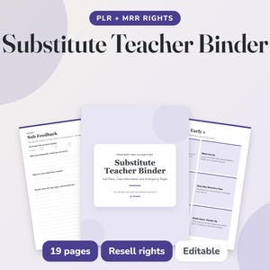 May include: A digital Substitute Teacher Binder document set featuring a cover page with the text Substitute Teacher Binder, Sub Plans, Class Information and Emergency Pages, and 19 pages. Includes internal pages for Sub Feedback and Early 1 activities.