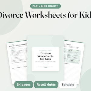 Könnte beinhalten: Ein Set aus druckbaren Arbeitsblättern zum Thema Scheidung für Kinder, bestehend aus einer zentralen Titelseite mit der Aufschrift Divorce Worksheets for Kids und zwei flankierenden Innenseiten mit Text und Kästchen in Hellgrün.