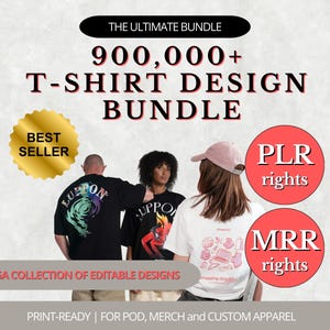 Puede incluir: Un paquete de diseño gráfico con más de 900.000 diseños de camisetas editables. El paquete incluye derechos PLR y MRR. La imagen muestra a tres personas usando camisetas con diferentes diseños.
