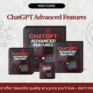 Könnte beinhalten: Werbebild für einen Videokurs mit dem Titel "ChatGPT Advanced Features". Das Produkt wird als eine Reihe von dunkelroten und schwarzen Boxen präsentiert, die jeweils den Kurstitel anzeigen. Das Data Swans-Logo ist unten rechts sichtbar.