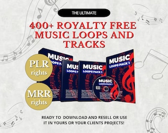 May include: A digital product mockup with the text "The Ultimate 400+ Royalty Free Music Loops and Tracks". The mockup shows four different covers for music loops packs, each with a red and blue color scheme and the text "Music Loops Pack 1". The mockup also includes two circles with the text "PLR rights" and "MRR rights".