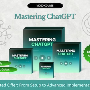 May include: An advertisement for a video course titled "Mastering ChatGPT." The image features several box-shaped graphics with the course title, play buttons, and the words "High Quality" and "Step By Step Guides."