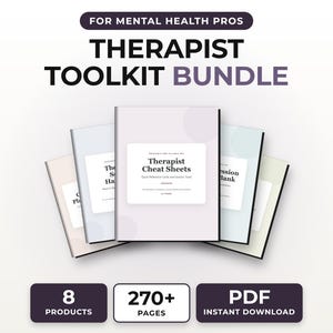 Op de afbeelding: Een digitale toolkitbundel voor therapeuten met vijf pastelkleurige documenthoezen in een waaieropstelling. De middelste hoes toont de tekst Therapist Cheat Sheets. Daaronder staan drie donkere rechthoekige badges met 8 PRODUCTS, 270+ PAGES en PDF INSTANT DOWNLOAD. De koptekst bovenaan luidt FOR MENTAL HEALTH PROS THERAPIST TOOLKIT BUNDLE.