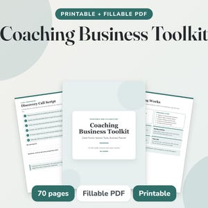 Pode incluir: Um conjunto de documentos digitais Coaching Business Toolkit com um PDF imprimível e preenchível de 70 páginas. A capa exibe o título Coaching Business Toolkit, Client Forms, Session Tools, Business Planner e A4 pages em texto escuro.