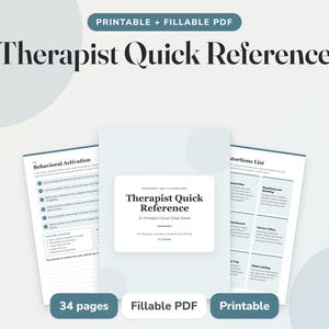 Op de afbeelding: Een printbare en invulbare PDF getiteld Therapist Quick Reference, met 32 klinische spiekbriefjes verdeeld over 34 pagina's. Het document bevat secties over gedragsactivatie en een lijst met vervormingen in een overzichtelijke lay-out.