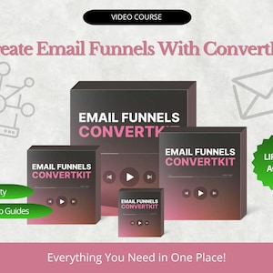 Może przedstawiać: Reklama kursu wideo dotyczącego marketingu e-mailowego. Obraz przedstawia kilka pudełek z napisem "EMAIL FUNNELS CONVERTKIT" oraz słowami "Create Email Funnels With ConvertKit". Obraz zawiera również tekst "High Quality", "Step By Step Guides" i "Lifetime Access".