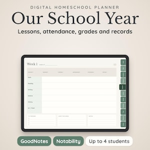 Può includere: Un pianificatore digitale per l'istruzione domiciliare visualizzato su uno schermo di tablet con il testo Our School Year, Lessons, attendance, grades and records. L'interfaccia presenta una griglia settimanale, schede laterali e le etichette GoodNotes, Notability e Up to 4 students.