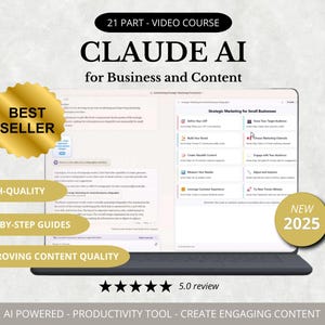 Puede incluir: Una pantalla de ordenador que muestra un curso de vídeo de 21 partes titulado "Claude AI para empresas y contenido". El curso incluye una sección sobre "Marketing estratégico para pequeñas empresas". La pantalla está en un portátil con una insignia dorada de "Mejor vendedor" y una insignia dorada de "Nuevo 2025".