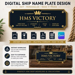 Custom Ship Name Plate SVG | HMS Victory Nameplate | Editable Canva Template | Ai Eps PDF Png | Model Ship Plaque Digital Download