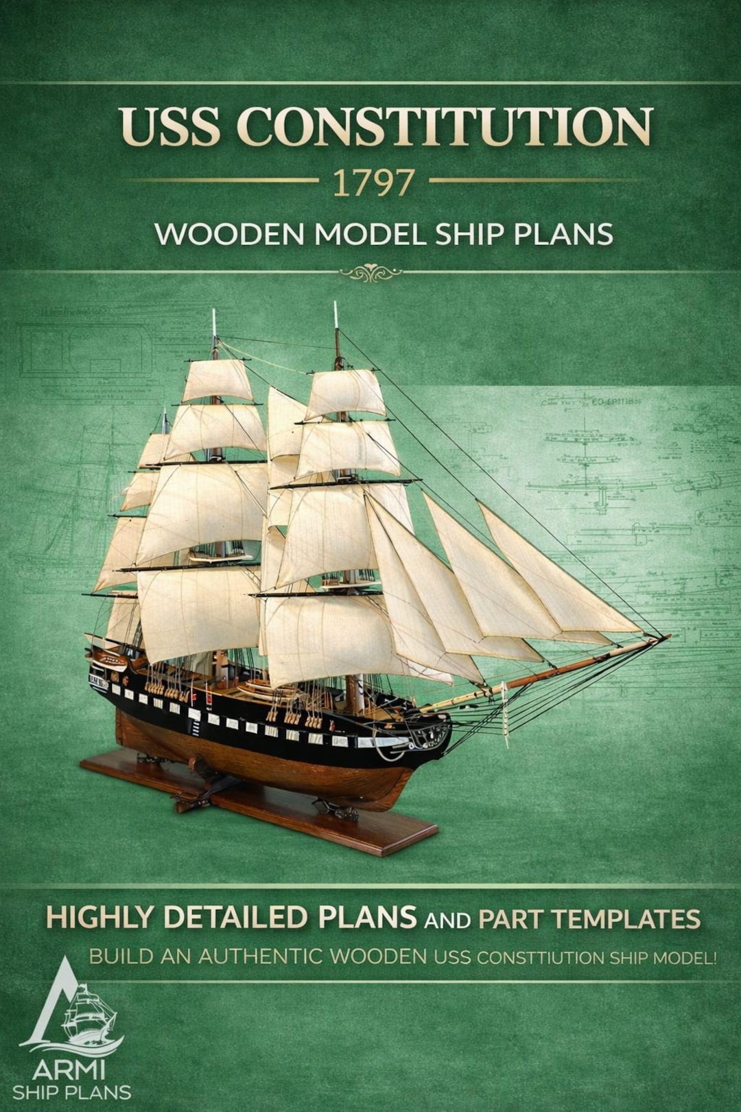 USS Constitution 1797 Wooden Ship Model Plans, 1:75 Scale (PDF-TIF