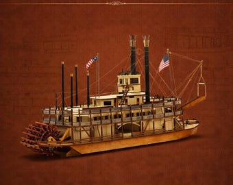Mississippi Riverboat Wooden Ship Model Plans, 1:60 Scale (Digital Download)