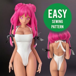 May include: A doll with pink hair and a white swimsuit. The doll has a halter top and black bows. The image includes a green circle with the words "EASY SEWING PATTERN".