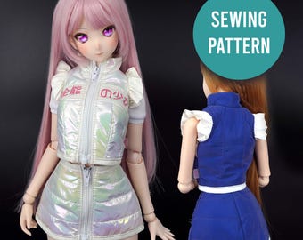 1/3 BJD doll pattern. Winter Quilted coat Jacket vest top and matching mini skirt for Dollfie Dream and Smart doll. Sewing patterns in PDF