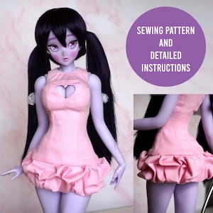 Può includere: Una bambola con un vestito rosa con uno scollo a forma di cuore e una gonna a balze. La bambola ha i capelli neri a codini e la pelle viola. Un cerchio viola sullo sfondo mostra il testo "SEWING PATTERN AND DETAILED INSTRUCTIONS".