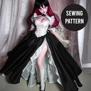May include: A doll wearing a black and white dress with a corset top and a long skirt. The doll has black hair with pink highlights and is wearing white stockings and black shoes. The image includes the text "SEWING PATTERN".