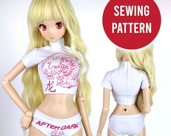 1/3 BJD doll sewing pattern. Basic T-shirt crop top and matching panty bottom set, Fits Smart Doll, Dollfie Dream and similar 60 cm dolls