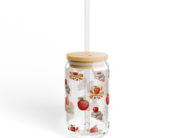 Apple for the Teacher Glassware: 16oz Drink Tumbler with Bamboo Lid & Straw