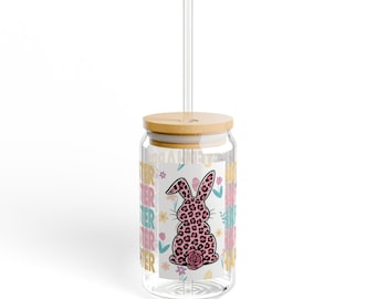 Easter Bunny Glass Tumbler: 16oz Seamless Cup with Bamboo Lid & Straw