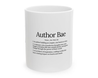 Author Bae Definition Mug, 11 oz Ceramic Mug with book/pen Icon.