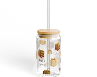 Book Lover Glassware 16oz with Bamboo Lid, Straw, Seamless Cup, Drink Tumbler, Water Glass