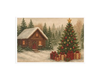 以下が含まれることがあります： 雪景色を描いた水彩画。丸太小屋と装飾されたクリスマスツリーが描かれています。ツリーは赤いオーナメントと金の星で飾られています。プレゼントは木の根元に配置されています。小屋には雪で覆われた屋根があります。