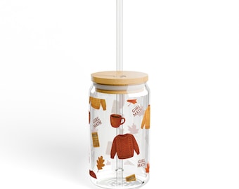 Girl Math Glassware 16oz with Bamboo Lid, Straw, Seamless Cup, Drink Tumbler, Water Glass
