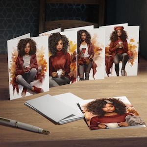 May include: Five cards with illustrations of women with brown curly hair wearing red sweaters and holding a cup of coffee. The cards have a watercolor background with autumn leaves.
