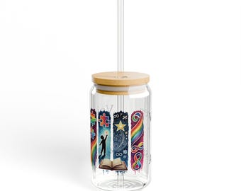 Autism Brushstroke Glassware 16oz with Bamboo Lid, Straw, Seamless Cup, Drink Tumbler, Water Glass