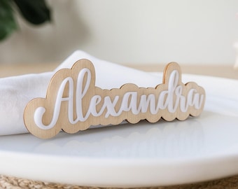 Tarjetas de mesa personalizadas de madera y acrílico para bodas – Etiquetas de nombre de doble capa
