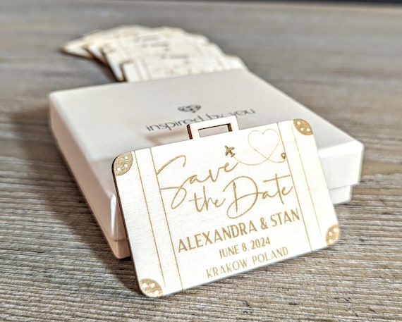 Custom Destination Wedding Save the Date Magnets – Travel-Themed Wooden Suitcase Design | Unique Wedding Fridge Magnet