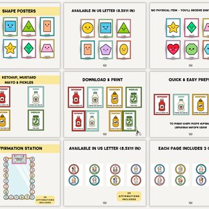 May include: A collection of printable educational posters and cards. The posters feature colorful shapes with smiling faces, and the cards include images of condiments and affirmations. The text on the posters reads "Shape Posters", "Ketchup, Mustard, Mayo & Pickles", and "Affirmation Station".