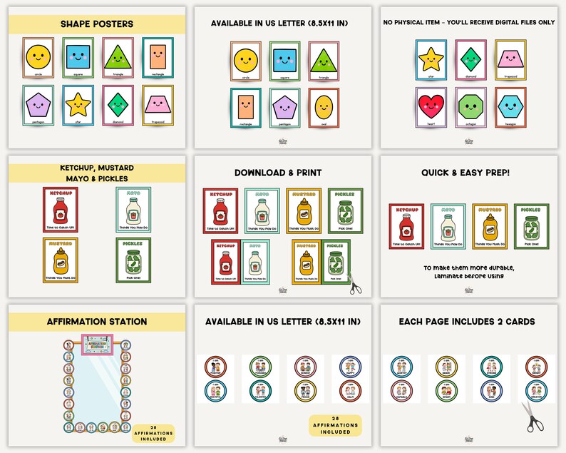 May include: A collection of printable educational posters and cards. The posters feature colorful shapes with smiling faces, and the cards include images of condiments and affirmations. The text on the posters reads "Shape Posters", "Ketchup, Mustard, Mayo & Pickles", and "Affirmation Station".